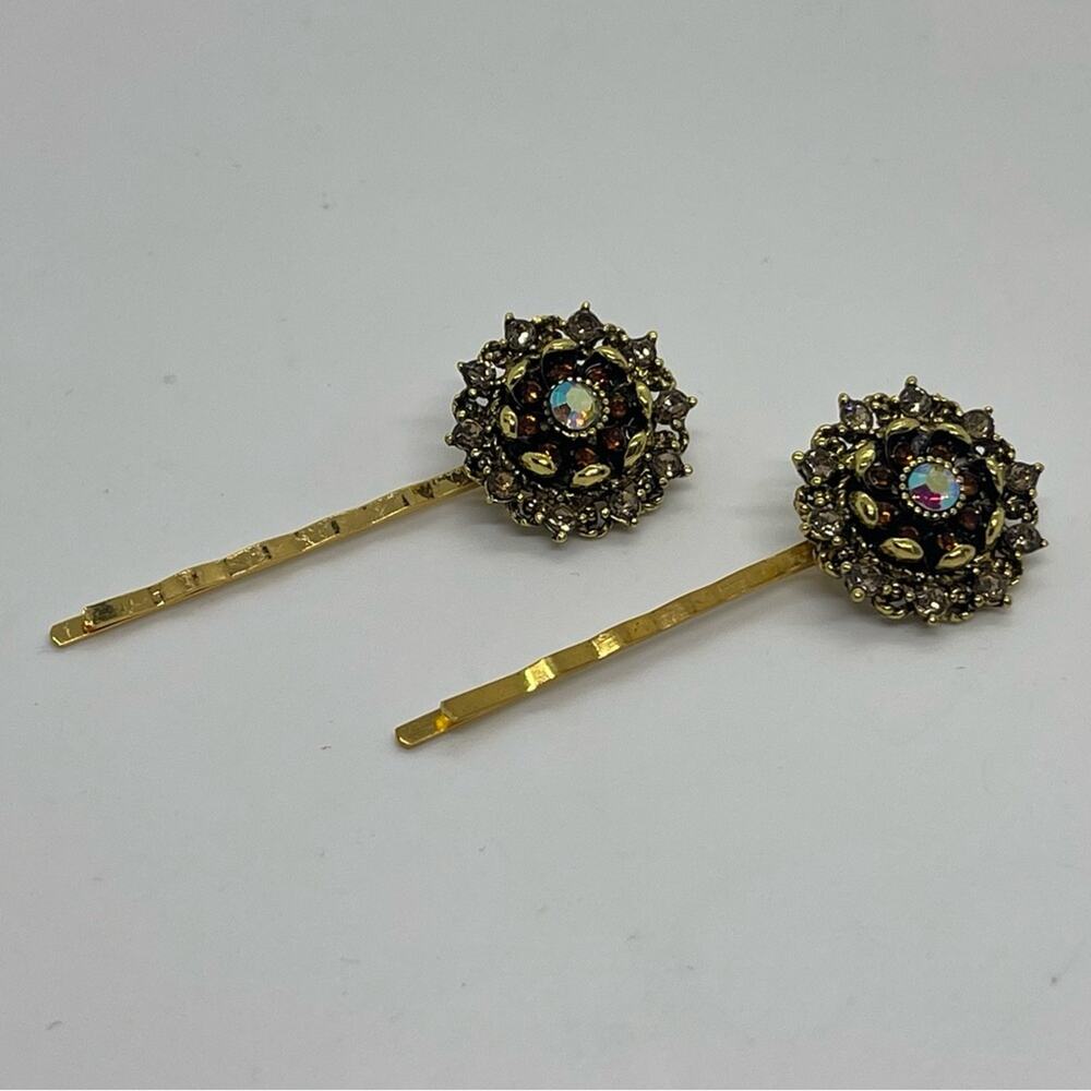 Handmade Amber Gold Rhinestone Set Hair Clips Jewelry NWT - Picture 4 of 6